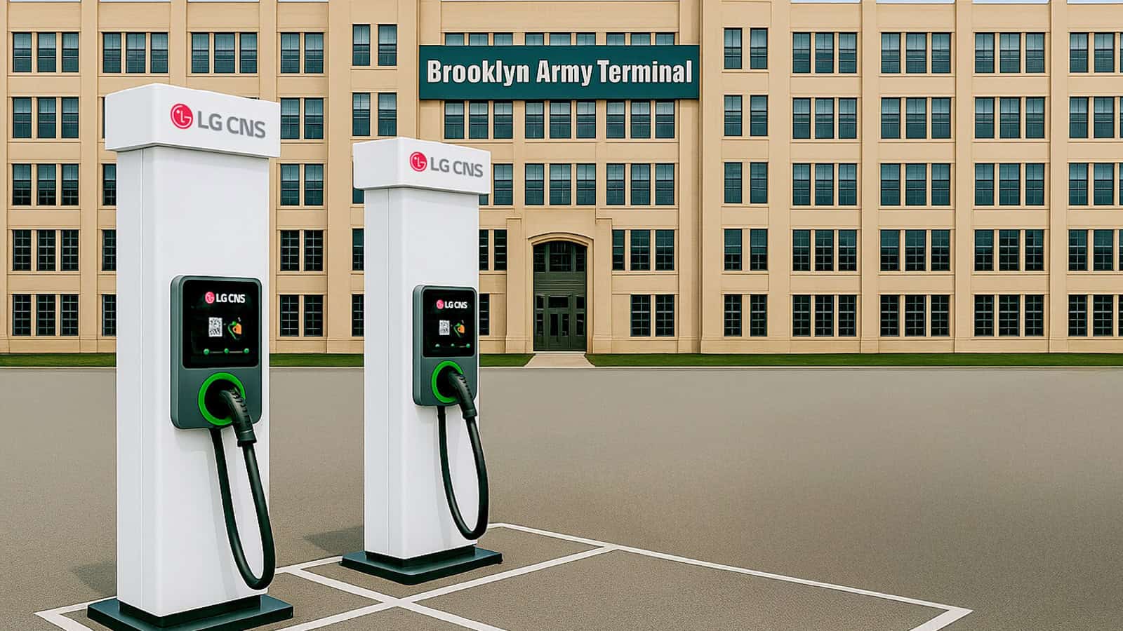 AI-generated conceptual image of LG CNS EV chargers installed at the Brooklyn Army Terminal in New York City